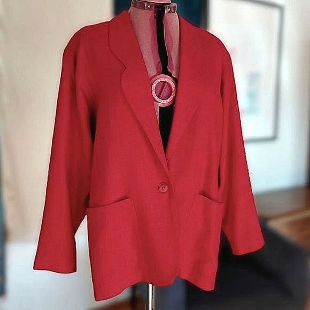 Vtg 80s red oversized one button woven spring blazer